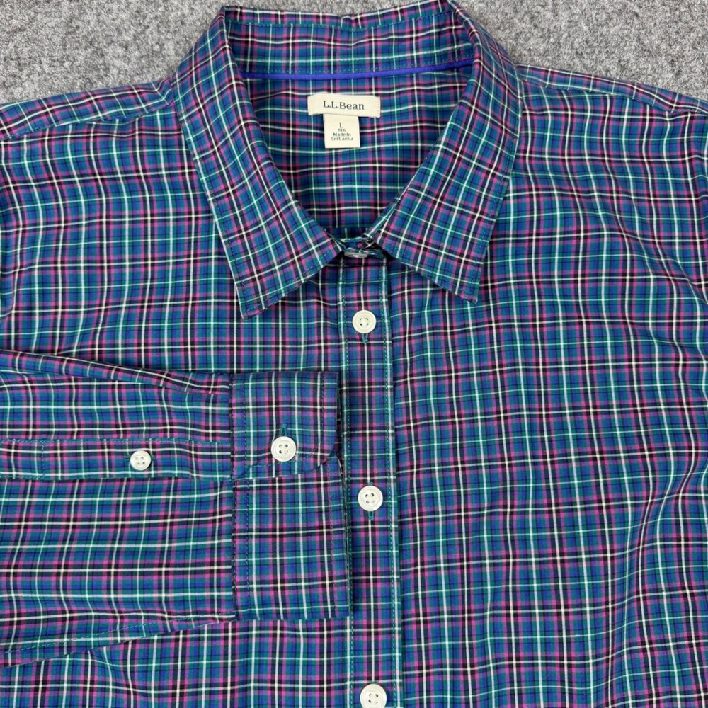 LL Bean Womens Large Plaid Button Down Shirt Long Sleeve Teal Purple Green